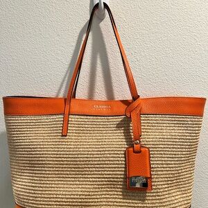Claudia Firenze Orange and Tan Raffia Woven Tote Bag. Made in Italy.